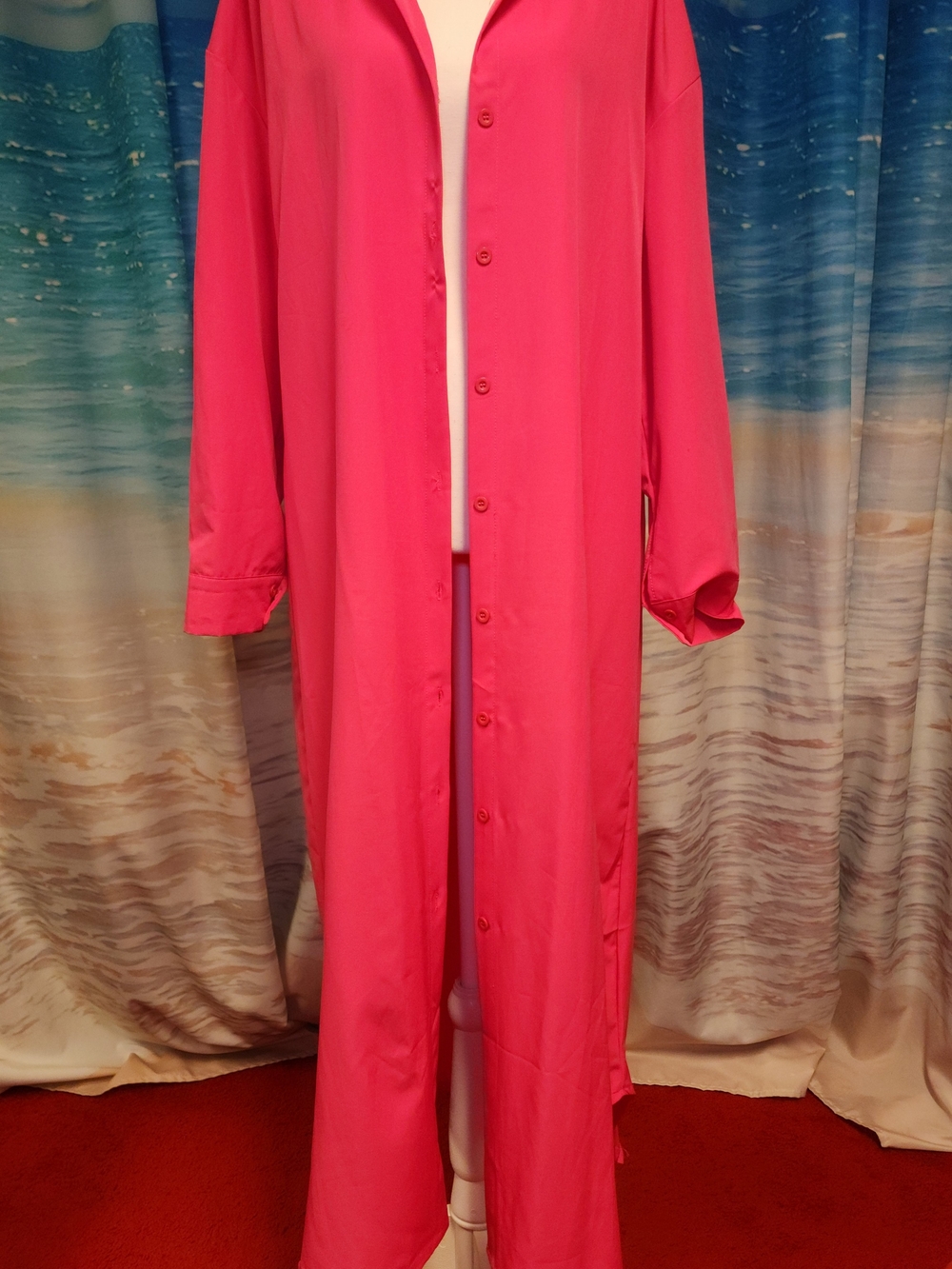 Hot Pink Button-Front Long Swim Cover-Up